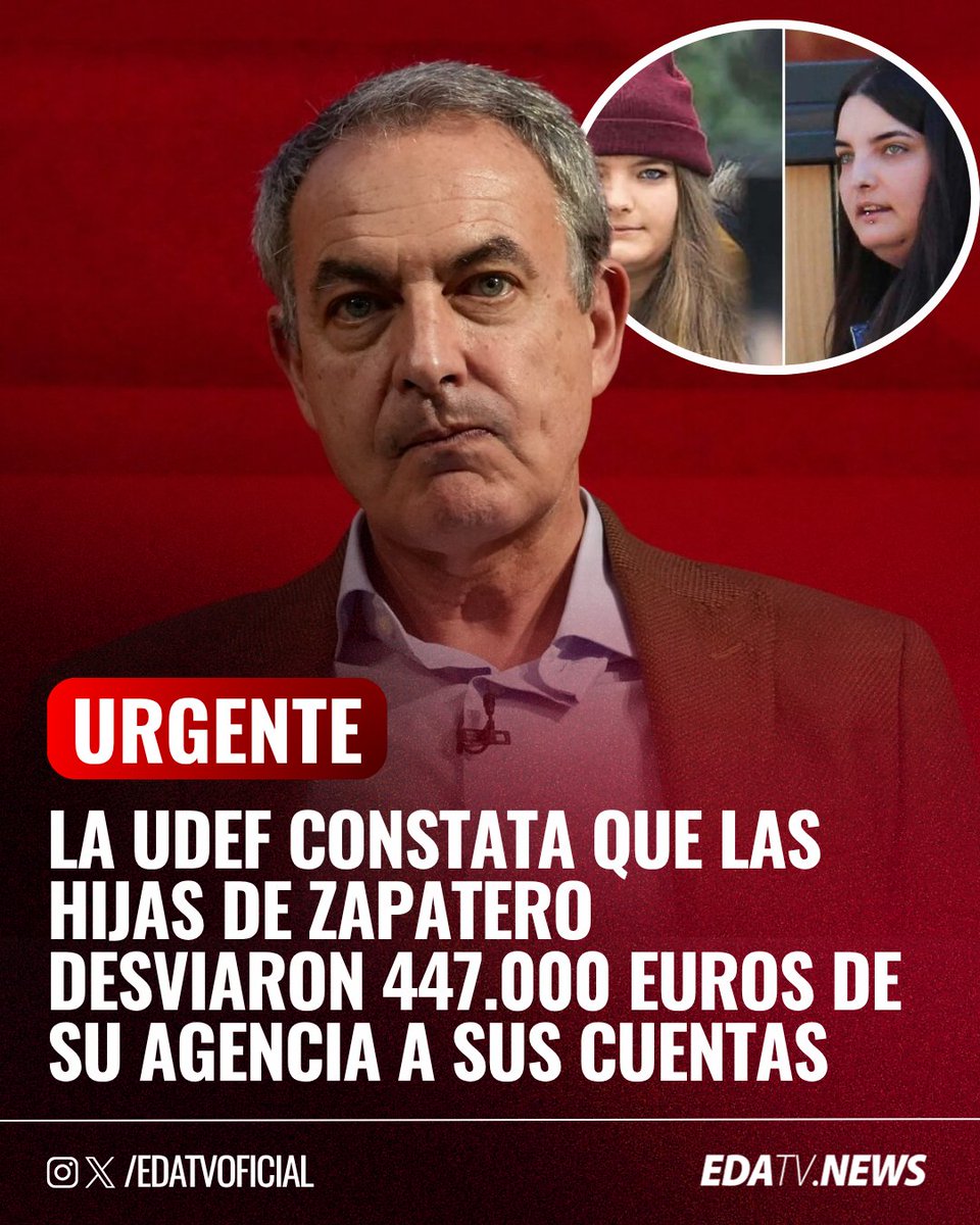 edatvoficial's tweet photo. ‼️🇪🇸 | BOMBA: la UDEF constata que las hijas de Zapatero desviaron €447.000 de su agencia Whathefav a sus cuentas. La empresa actuó como "elemento finalista" en una presunta estructura societaria vinculada al expresidente según el juez. https://t.co/kwnSxo0OMR