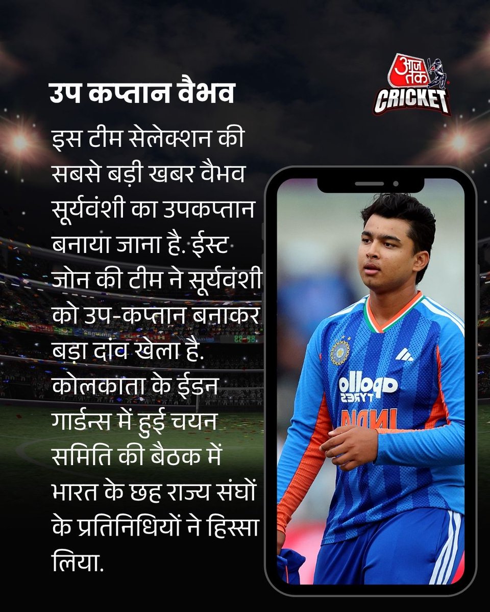 aajtak's tweet photo. 23 अगस्त से शुरू होने वाली दलीप ट्रॉफी के लिए ईस्ट जोन ने अपनी 15 सदस्यों की टीम का ऐलान कर दिया है. इस टीम की कप्तानी ईशान किशन संभालते नजर आएंगे. वहीं युवा बल्लेबाज वैभव सूर्यवंशी को उपकप्तानी की कमान सौंपी गई है.
#VaibhavSooryavanshi | #ViceCaptain | #DuleepTrophy | #AajTakCricket| #AajTakSocial