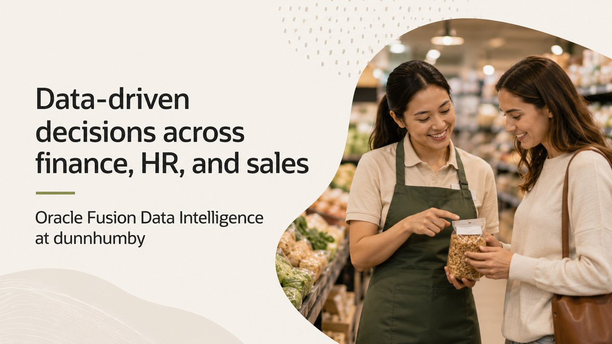 OracleAnalytics's tweet photo. dunnhumby relies on data and analytics to support decision-making across finance, HR, and sales. Learn how the company uses Oracle Fusion Data Intelligence to bring curated Fusion Applications data together with external sources and help teams move from manual reporting to deeper business insight. https://t.co/hRo14h1iPd