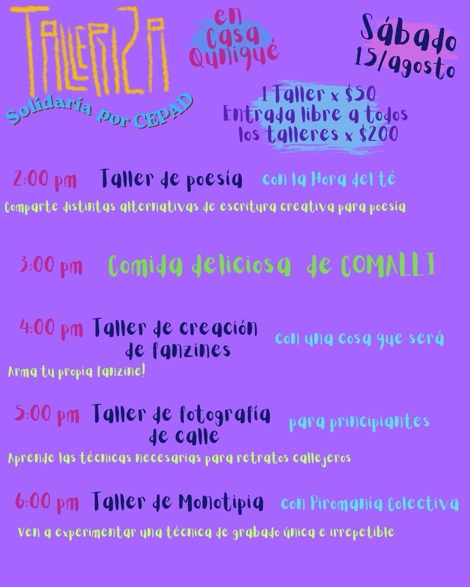 CEPAD_AC's tweet photo. 🤍💚🫂 Caminando con CEPAD
¿Tienes plan para el fin de semana? ven a aprender algo nuevo y, al mismo tiempo, apoyar el trabajo que realiza CEPAD en la defensa de los derechos humanos.

💚 Talleriza Solidaria por CEPAD
 🕚 11:00 a.m. a 8:00 p.m.
 📍 Casa Quinqué
 📍 Juan Cumplido 427, Guadalajara
🎟️ $50 por taller
 🎟️ $200 acceso a todos los talleres
 💵 Pago en efectivo.

Gracias a @casaquinque y a todas las personas que organizaron esta hermosa iniciativa solidaria. 

También puedes sumarte a través de una aportación en nuestra cuenta bancaria:
🏦 Banco: Banorte
👤 Centro de Justicia para la Paz y el Desarrollo A.C.
💳 Clabe: 072320002102138366
#CaminandoConCEPAD #CaminamosJuntxs #CaminemosJuntxs