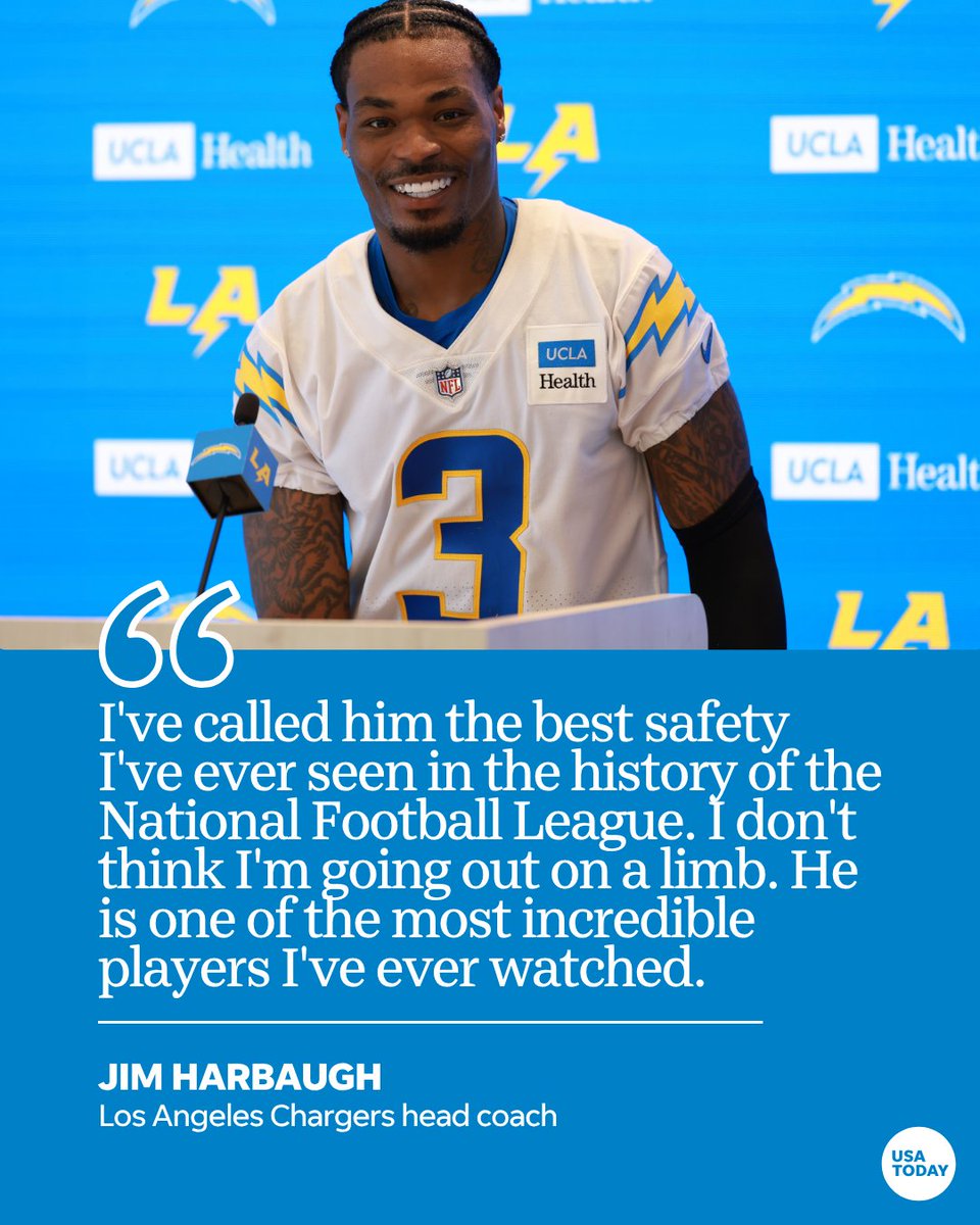 usatodaysports's tweet photo. His coach calls him Superman. He's twice been the highest-paid safety in the NFL, a position he helped redefine. But Derwin James wants something bigger.

🔗: https://t.co/vdMGgAlBMz

📷: Kiyoshi Mio-USA TODAY Sports https://t.co/jmrg2fXDnV