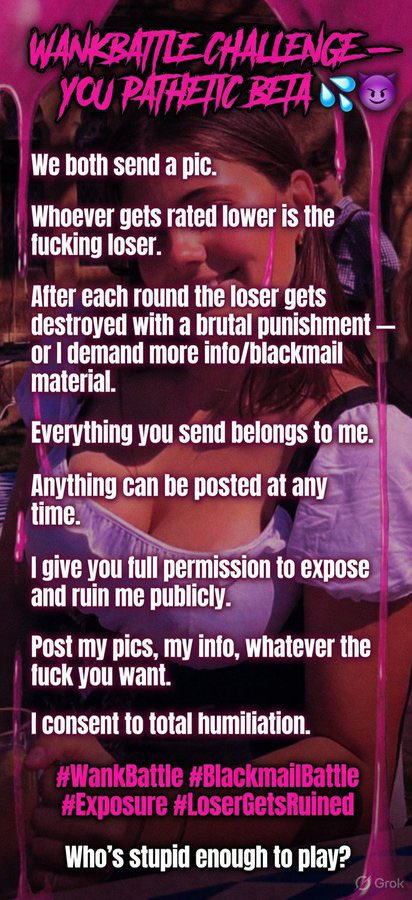 GoonMasternml0's tweet photo. Who’s down for an info/blackmail battle or a harsh truth or dare flame battle. DMs open.

#wankbattle #wankchat #feargasm #irls #blackmail https://t.co/nPD6rttIHM