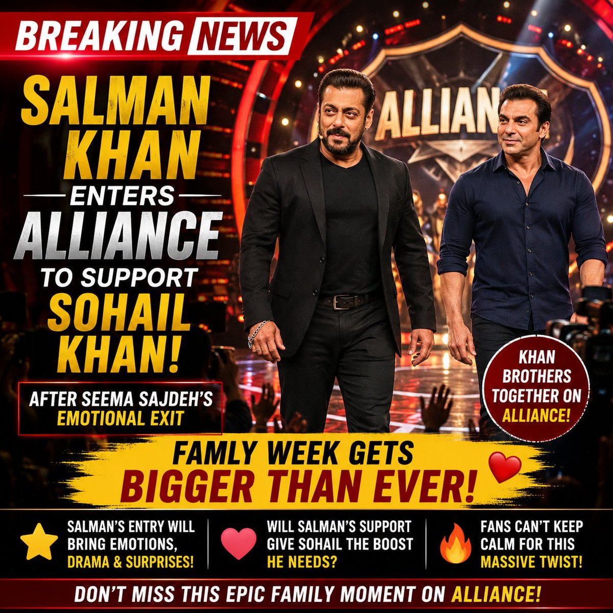 RealRamandeep's tweet photo. Salman Khan is set to make a special appearance on Alliance to stand by brother Sohail Khan after the emotional exit of Seema Sajdeh. Fans are eagerly waiting to see the Khan brothers share an emotional moment on screen.

Will Salman’s entry give Sohail the boost he needs before the finale? 👀🔥

#SalmanKhan #SohailKhan #Alliance #RealityShow #Bollywood #FamilyWeek #Trending #Viral #EntertainmentNews
#AllianceOnPrime