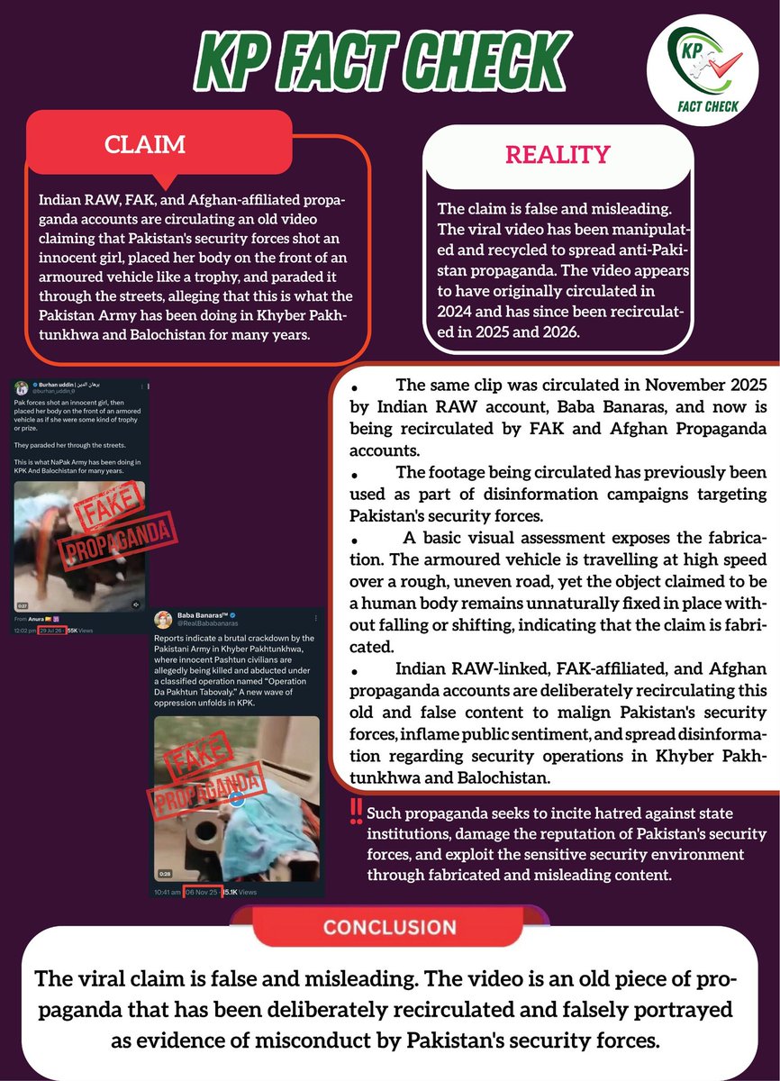 factcheckkpgovt's tweet photo. KP Fact Check ✅

🟠 Claim:

Indian RAW, FAK, and Afghan-affiliated propaganda accounts are circulating an old video claiming that Pakistan's security forces shot an innocent girl, placed her body on the front of an armoured vehicle like a trophy, and paraded it through the streets, alleging that this is what the Pakistan Army has been doing in Khyber Pakhtunkhwa and Balochistan for many years.

🟢 Reality:

The claim is false and misleading. The viral video has been manipulated and recycled to spread anti-Pakistan propaganda. The video appears to have originally circulated in 2024 and has since been recirculated in 2025 and 2026.

▪️The same clip was circulated in November 2025 by Indian RAW account, Baba Banaras, and now is being recirculated by FAK and Afghan Propaganda accounts.

▪️ The footage being circulated has previously been used as part of disinformation campaigns targeting Pakistan's security forces.

▪️ A basic visual assessment exposes the fabrication. The armoured vehicle is travelling at high speed over a rough, uneven road, yet the object claimed to be a human body remains unnaturally fixed in place without falling or shifting, indicating that the claim is fabricated.

▪️ Indian RAW-linked, FAK-affiliated, and Afghan propaganda accounts are deliberately recirculating this old and false content to malign Pakistan's security forces, inflame public sentiment, and spread disinformation regarding security operations in Khyber Pakhtunkhwa and Balochistan.

‼️ Such propaganda seeks to incite hatred against state institutions, damage the reputation of Pakistan's security forces, and exploit the sensitive security environment through fabricated and misleading content.

📍 Conclusion:

The viral claim is false and misleading. The video is an old piece of propaganda that has been deliberately recirculated and falsely portrayed as evidence of misconduct by Pakistan's security forces.

#KPFactCheck #KPGovt #KPK