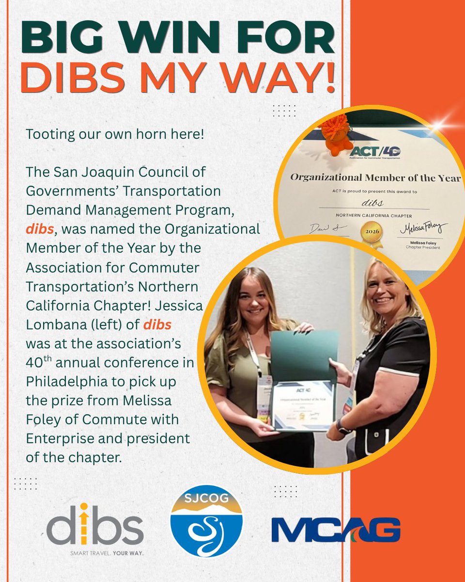 DibsMyWay's tweet photo. BIG win for @DibsMyWay! @SJCOG’s Transportation Demand Management Program for promoting smart travel was named Organizational Member of the Year by @ACTNational’s Northern California Chapter at its 40thannual International Conference!
#ACT26
#vanpooling
#transit
#biking https://t.co/r17g18ePFu