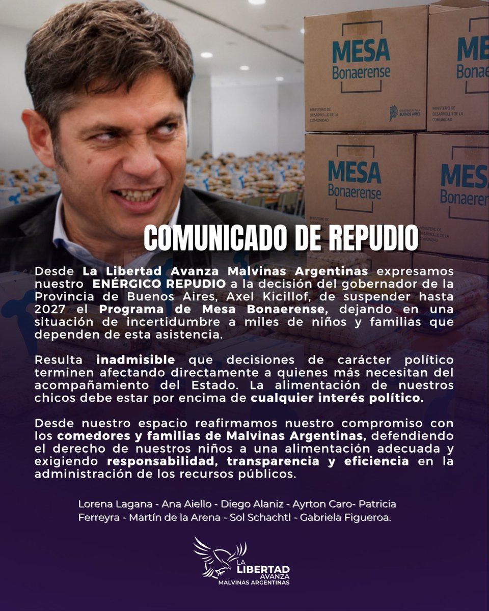 LLAMalArg's tweet photo. COMUNICADO DE REPUDIO

Desde La Libertad Avanza Malvinas Argentinas expresamos nuestro firme rechazo a toda medida que perjudique la asistencia alimentaria destinada a quienes más lo necesitan.

La alimentación de nuestros niños NO PUEDE SER VARIABLE DE INTERESES POLÍTICOS. https://t.co/iW1k5sSAIo