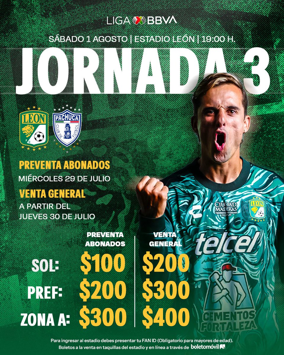 clubleonfc's tweet photo. ¡FIERABONADOS! 📣 🦁

PREVENTA ESPECIAL de boletos 🎟️  A PRECIO ESPECIAL para ustedes.

Disponible sólo hoy en taquillas 🏟️ o a través de @boletomovil 📲 https://t.co/QDOe0RNny8

*Podrán adquirir máximo 2 boletos por abono.

¡Nos vemos el sábado en el Glorioso! https://t.co/JrAt8Locbm
