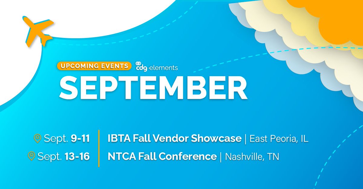 cdgsolutions's tweet photo. We're excited to connect with broadband providers this September!

📍 Sept. 9 to 11: IBTA Fall Vendor Showcase, East Peoria, IL

📍 Sept. 13 to 16: NTCA Fall Conference, Nashville, TN

Attending? Let's connect!
#CDGElements #NTCA #IBTA https://t.co/eOk2d1ouEQ