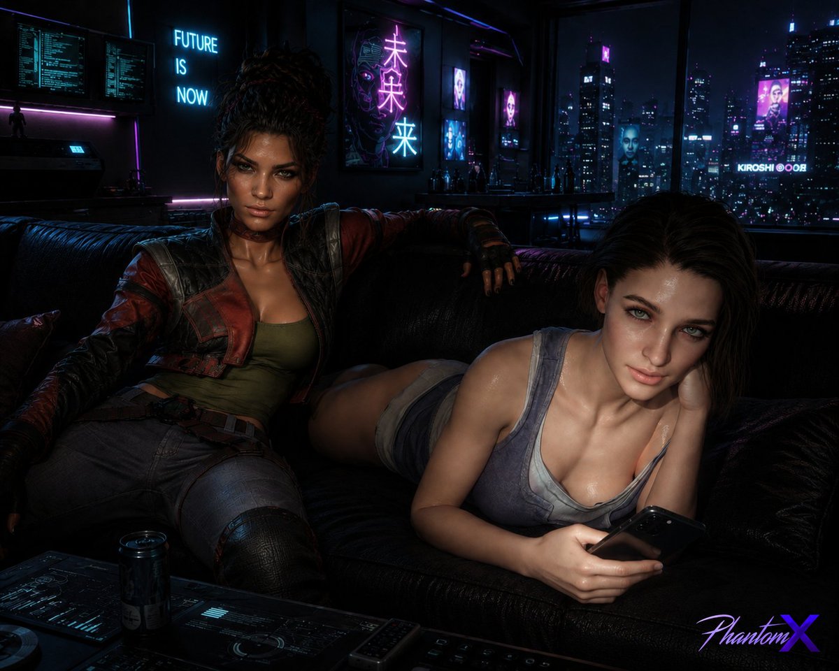 PHANTOMXSTUDIO's tweet photo. Cyberpunk Nights: Panam Palmer &amp; Jill Valentine Unwind
Panam Palmer &amp; Jill Valentine taking a rare night off in Night City. Pure tension, sweat, and neon vibes. 😈 https://t.co/WhCiZp2fe1
