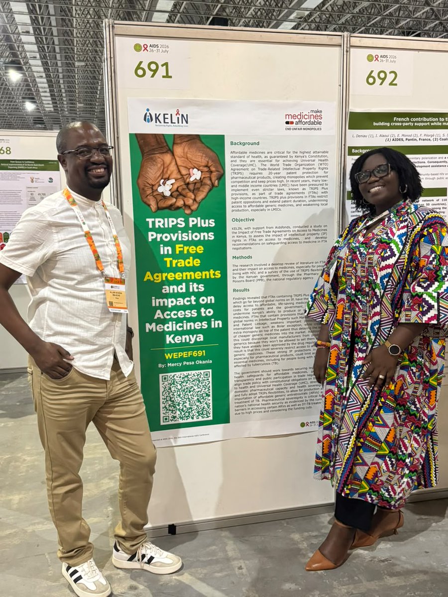 KELINKenya's tweet photo. 📍 #AIDS2026

@KELINKenya's @PesaOkania presented an abstract on "TRIPS Plus Provisions in Free Trade Agreements and their Impact on Access to Medicines in Kenya."

The research found that TRIPS Plus provisions—such as market exclusivity and patent linkage—can delay the entry of affordable generic medicines, increase treatment costs, weaken local pharmaceutical production, and limit access to life-saving medicines, particularly for people living with HIV and those affected by TB.

The study calls for stronger public health safeguards in trade negotiations, greater transparency, and full use of TRIPS flexibilities to protect Kenya's constitutional right to health and advance Universal Health Coverage.

#AccessToMedicines #HealthEquity #TRIPS #AIDS2026 #UHC #HIV #tbnkorea 
@MalecheAllan @wanameme @PesaOkania @IamKiiluJames @Aidsfonds_intl @itpcmena @ITPCglobal @AseroPatricia