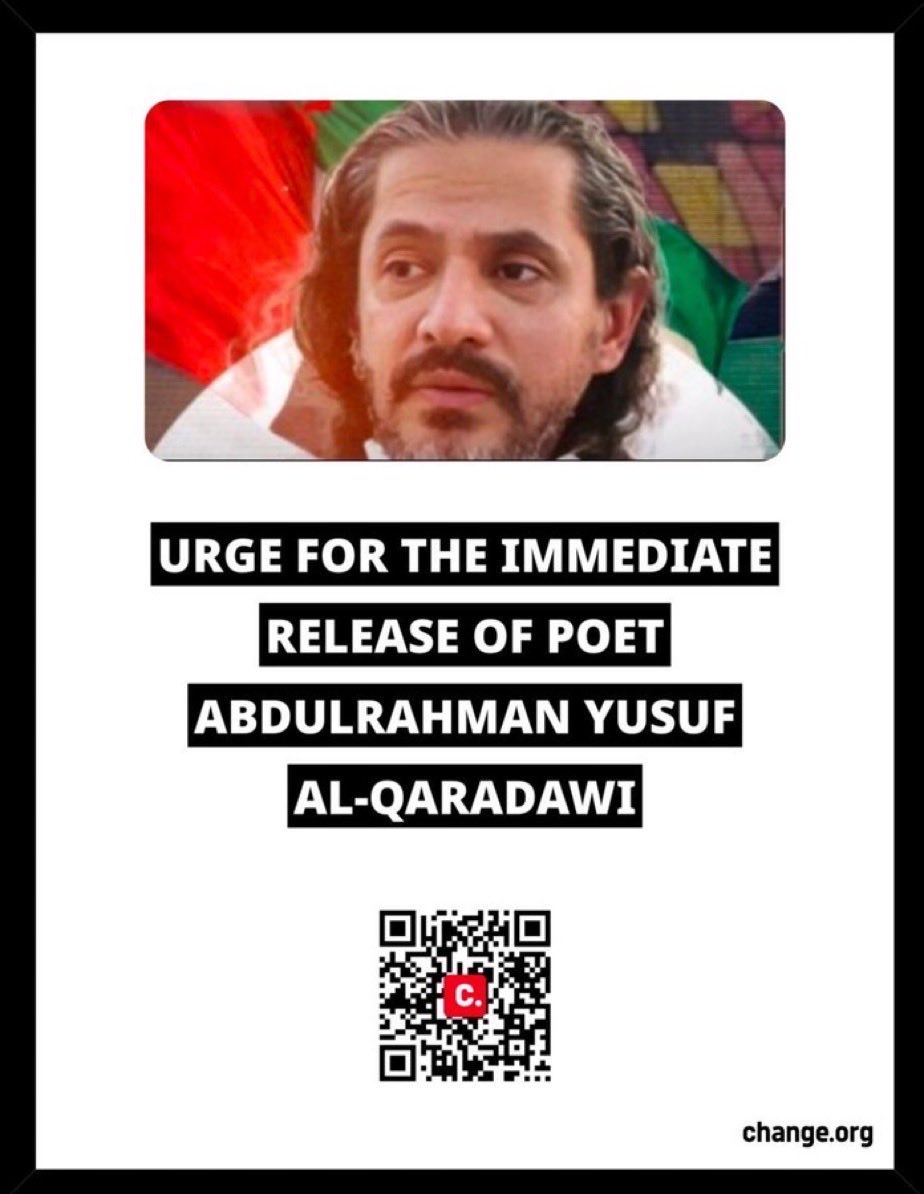saadsobhi4466's tweet photo. A year and a half later, poet Abdulrahman Yusuf al-Qaradawi remains arbitrarily detained and forcibly disappeared.
No charges have been announced. No trial has taken place. No transparency has been provided.

Reshare and sign this petition — silence protects those who disappear people, not those who are detained. Public pressure is what keeps this case visible. Let’s keep pushing for his release and safe return.

🎯 Help us reach 5,000 signatures.

✍️ Sign & share: https://t.co/HI4UBSyZuk

#FreeAbdulrahman #EndEnforcedDisappearance #HumanRights #UAE
#Where_Is_AbdulRahman_Yusuf_AlQaradawi
