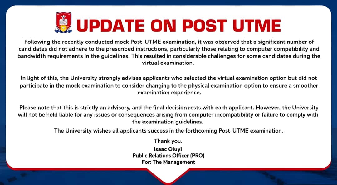 JAMBHQ's tweet photo. 📢 UNIMED POST-UTME UPDATE
Mock exam revealed issues with device/bandwidth compliance for some candidates. If you chose virtual exam but missed the mock, consider switching to physical exam for a smoother experience. This is advisory only — final choice is yours.
 #PostUTME2026 https://t.co/y5e3ck0c3i