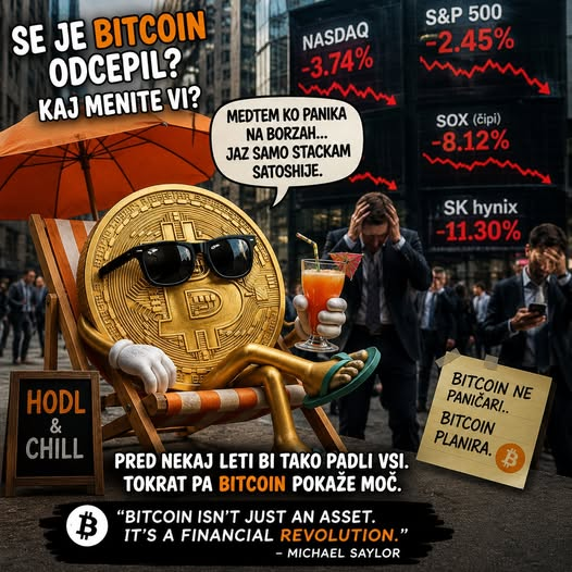 BitcoinSlovenia's tweet photo. Se pri Bitcoinu nekaj spreminja ali je le manjši "glitch"??

V zadnjih dneh so svetovni finančni trgi pod pritiskom:
📉tehnološke delnice padajo,
📉proizvajalci čipov izgubljajo milijarde tržne vrednosti,
🌍 geopolitične napetosti se stopnjujejo,
🏦 vlagatelji pa čakajo na odločitev ameriške centralne banke (Fed).

👉 Še pred nekaj meseci/ leti bi bil takšen scenarij skoraj zagotovilo, da bo tudi Bitcoin močno padel.

Pa ni.

Bitcoin se je obdržal okoli 64.000 USD in pokazal precej več odpornosti kot velik del tehnološkega sektorja.

Kaj se je spremenilo?
📈So za to zaslužni institucionalni vlagatelji in ETF-ji?
🟠 Se Bitcoin postopoma spreminja iz špekulativnega sredstva v pravega globalnega hranilnica vrednosti?
🔒 Je trg postal bolj zrel, ker dolgoročni imetniki ne prodajajo več ob vsaki slabi novici?
🌍 Ali pa gre zgolj za naključje in bo povezava z delniškimi trgi kmalu spet močnejša? Čakamo še kakšen padec?

🤔Kaj menite vi?

Se je Bitcoin začel oddaljevati od tehnoloških delnic in tradicionalnih trgov, ali gre le za kratkotrajno izjemo?

👇 Napišite svoje mnenje v komentar. Zanimivo bo videti, kako razmišlja slovenska Bitcoin skupnost.

🧡₿🧡