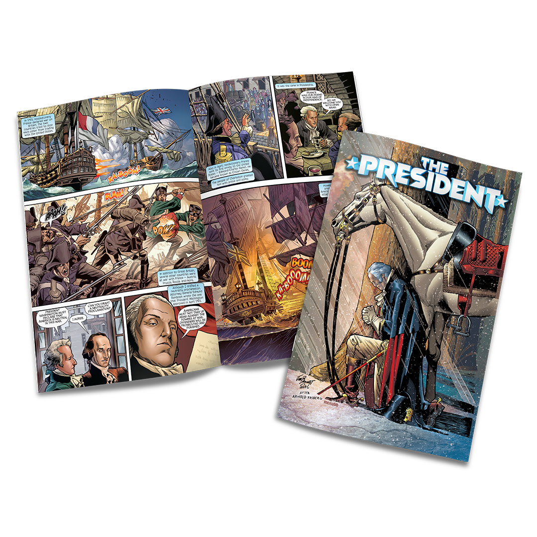 kingstonecomics's tweet photo. "The President" traces the birth of our nation through George Washington’s two terms, culminating in his death as the new century begins. Washington voluntarily gave up the power of the presidency because he never sought to be a king. Get it today: https://t.co/kyJf7HQ5d2 https://t.co/D9JxwKnA1t