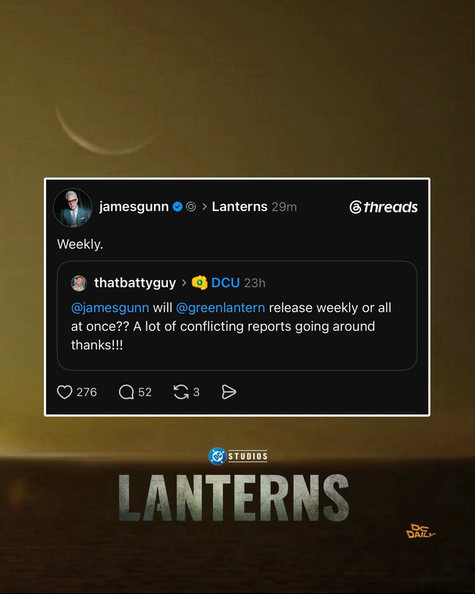 DCdaily's tweet photo. James Gunn has confirmed that LANTERNS will premiere with weekly episodes. https://t.co/3qoE0SBKDs