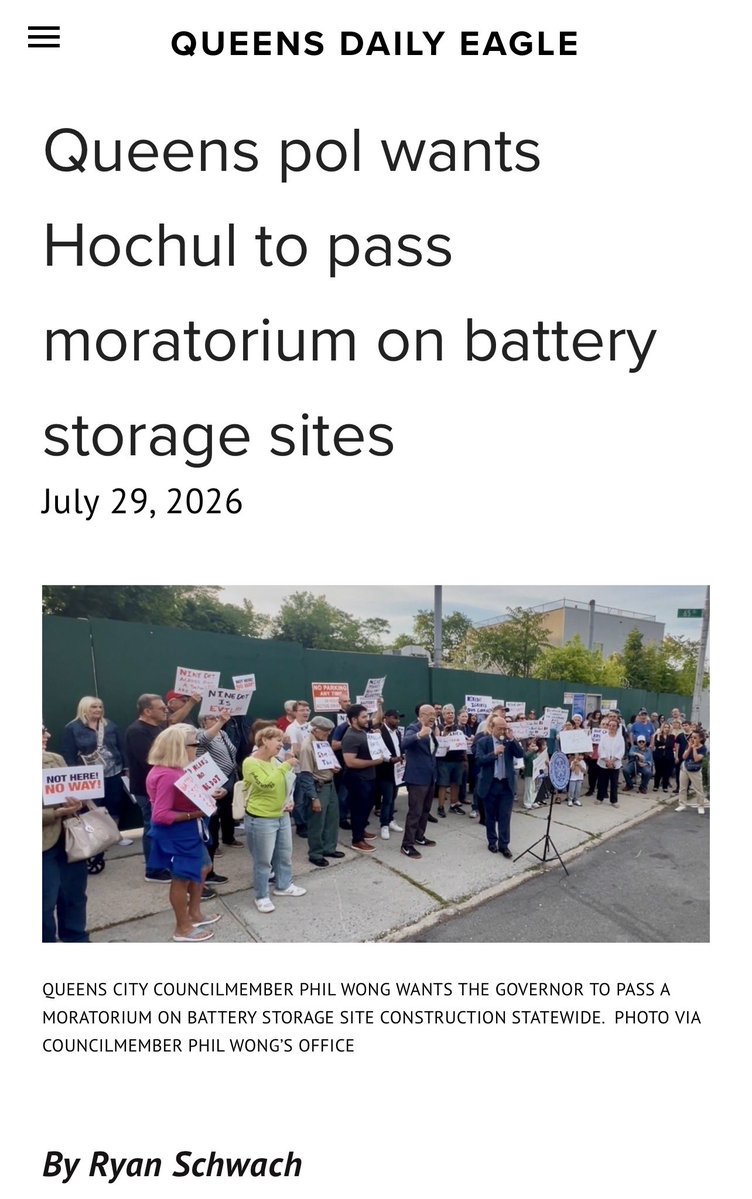 PhilWongNYC's tweet photo. If @GovKathyHochul can pause new AI data centers to study their impacts, why can’t she do the same for lithium-ion battery storage facilities next to our homes and schools? https://t.co/p6wlDILCTg