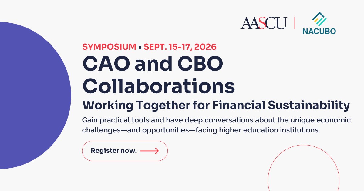AASCU's tweet photo. Strong partnerships make strong institutions. 🤝

Join AASCU and @NACUBO Sept. 15–17 in Washington, D.C., for an interactive symposium for chief academic and chief business officers. Gain practical strategies for financial sustainability.

Register: https://t.co/ViIURGR5To https://t.co/c39q83ew2r