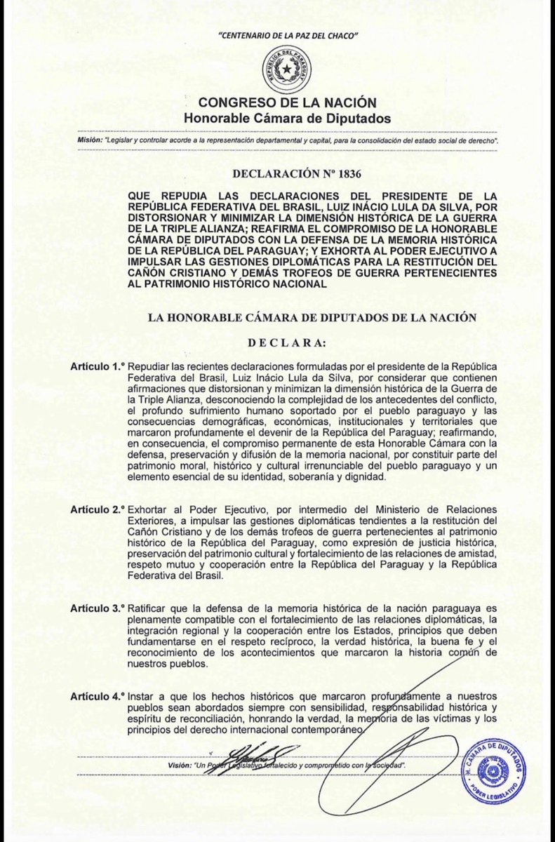 NewsLiberdade's tweet photo. 🚨URGENTE - Congresso do Paraguai publica nota de repúdio à Lula por ter dito que Solano invadiu o Brasil

“Distorcem e minimizam a dimensão histórica da guerra, desconsiderando a complexidade das origens do conflito e o profundo sofrimento humano suportado pelo povo paraguaio” https://t.co/MaZ3qUYmOT