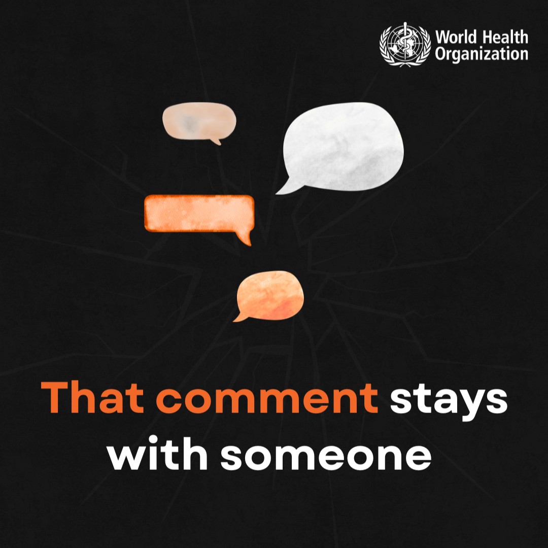 WHO's tweet photo. Words received online can have real, lasting impact on someone.
They can affect mental health and well-being.

Be respectful towards others. 
Pause and think before you comment or share. https://t.co/K8StvEeS1D
