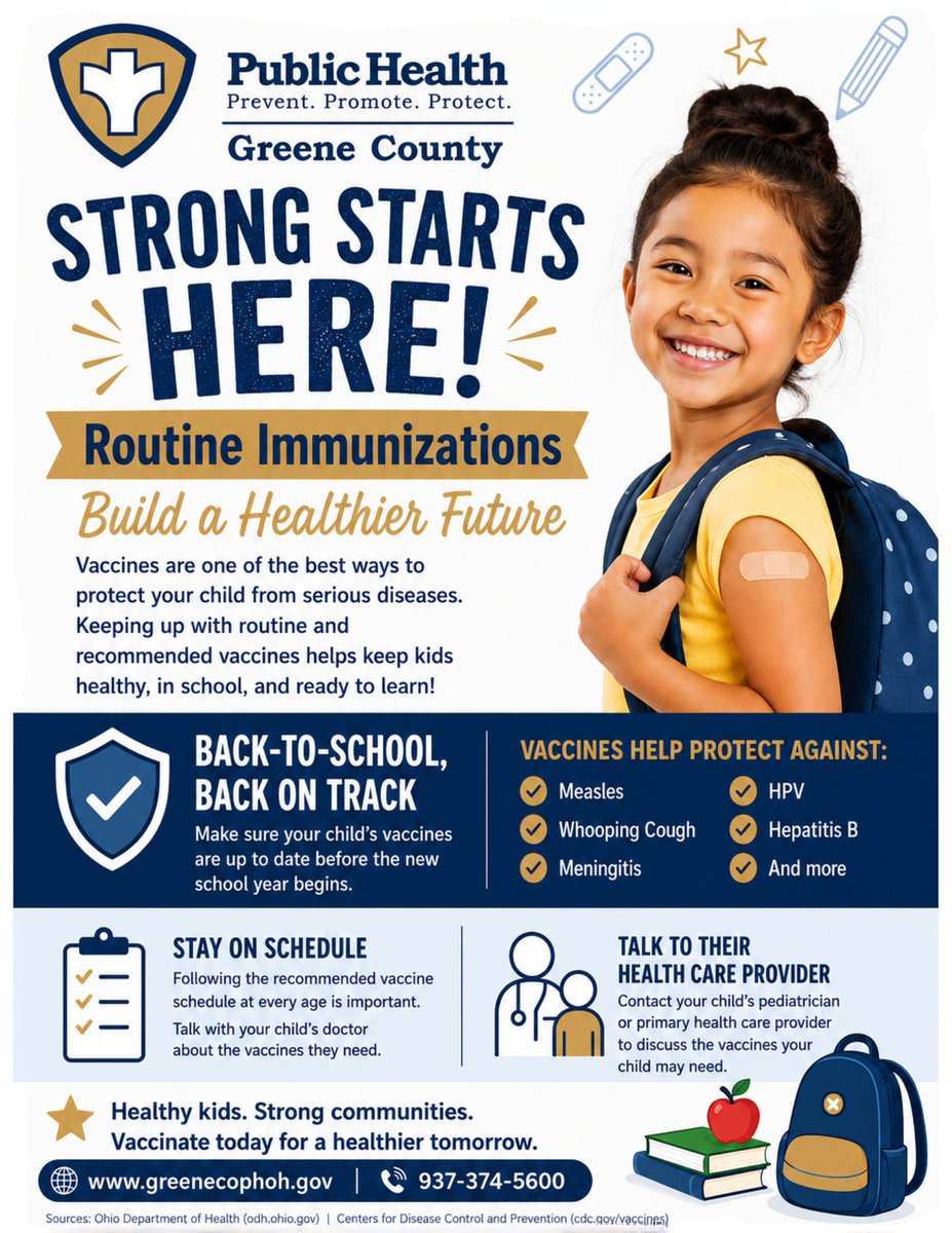 GreeneCoPH's tweet photo. ๐โ๏ธ Back-to-school is here! Ensure your child's vaccinations are up to date to protect them and their classmates. ๐ #StrongStartsHere #BackToSchool #VaccinesWork #GCPH https://t.co/GnFpx15Aha