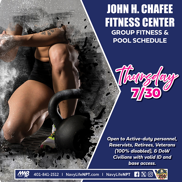 NavyLifeNPT's tweet photo. Thursday's Group Fitness Schedule at the John H. Chafee Fitness Center
9 - 10 am Zumba
10:15 - 11 am CANCELED
4:30 - 5:30 pm Bootcamp
4:30 - 5:30 pm Cycle
Pool hours: 6 am - 2 pm
#NAVSTANPTMWR #NavyLifeNPT #ZumbaClass #BodyPump #CycleClass #PoolHours https://t.co/eQ4nL7wLKJ