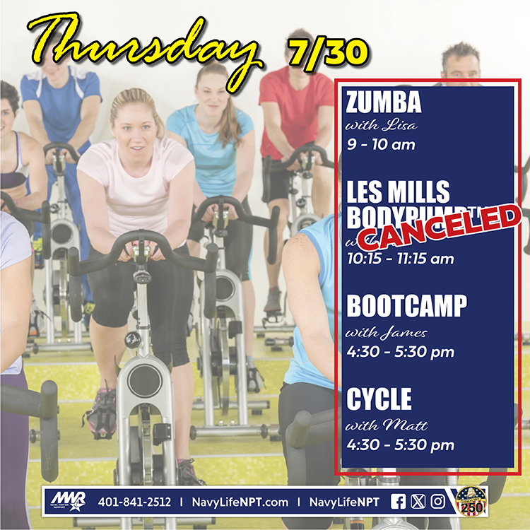 NavyLifeNPT's tweet photo. Thursday's Group Fitness Schedule at the John H. Chafee Fitness Center
9 - 10 am Zumba
10:15 - 11 am CANCELED
4:30 - 5:30 pm Bootcamp
4:30 - 5:30 pm Cycle
Pool hours: 6 am - 2 pm
#NAVSTANPTMWR #NavyLifeNPT #ZumbaClass #BodyPump #CycleClass #PoolHours https://t.co/eQ4nL7wLKJ