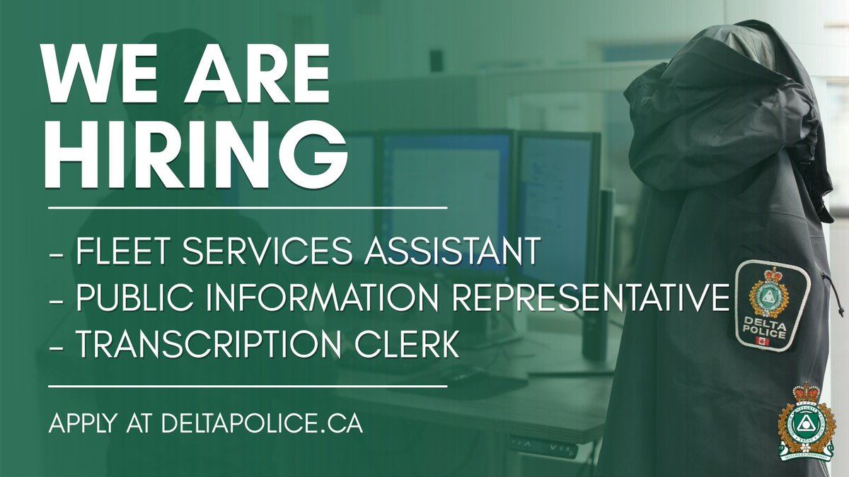 deltapolice's tweet photo. Join a team that's committed to making a difference every day.

Delta Police is currently hiring a variety of auxiliary police staff roles to support  public safety and serve our community.

🔹 Fleet Services Assistant
🔹 Public Information Representative
🔹 Transcription Clerk

🔗 Learn more and apply today: https://t.co/clhARjESt2

#DeltaPolice #Careers