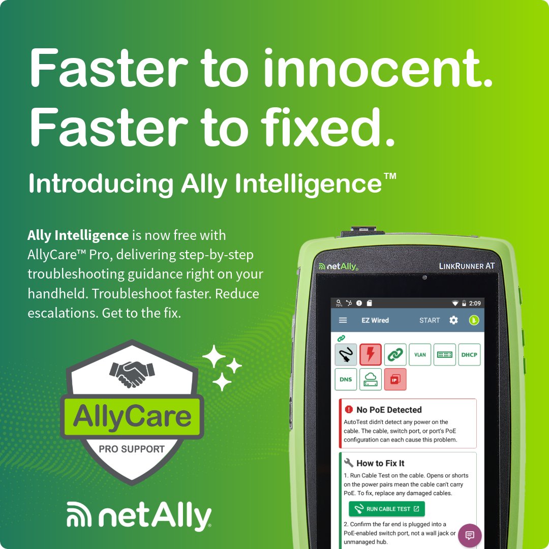 NetAlly's tweet photo. Your #NetAlly handheld just got smarter.

Ally Intelligence™ is now included with AllyCare® Pro, delivering step-by-step troubleshooting guidance right on your tester.

Resolve network issues faster with greater confidence.

Learn more: https://t.co/0zSIZ322Cr https://t.co/1inlh6JbZZ