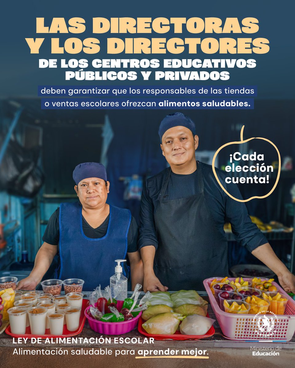 MineducGT's tweet photo. Cada elección cuenta

Recuerda, las directoras y directores de los centros educativos públicos, privados, por cooperativa y muncipales deben garantizar que los responsables de las tiendas o ventas escolares ofrezcan alimentos saludables.

#PAEGuatemala
#Mineduc
#LeyDeAlimentaciónEscolar
#TiendasEscolares