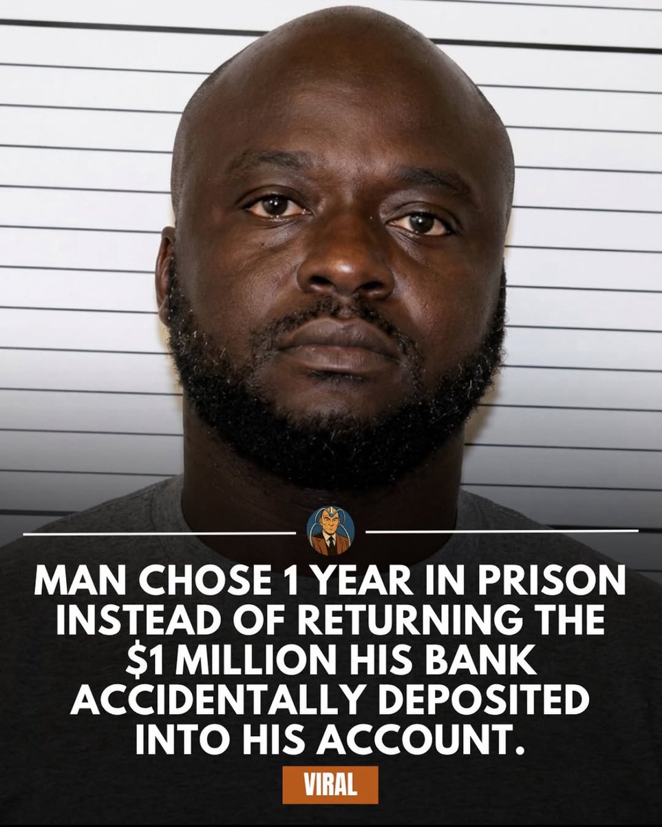 Mideefe's tweet photo. MAN CHOSE 1 YEAR IN PRISON INSTEAD OF RETURNING THE $1 MILLION HIS BANK ACCIDENTALLY DEPOSITED INTO HIS ACCOUNT.

If it were you what would you have done? https://t.co/wQlooHkafZ