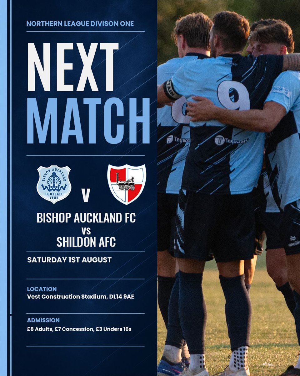 bishopafc's tweet photo. 🚨 NEXT UP

We’re back at the Vest Construction Stadium on Saturday for our first home league game of the season as we welcome Shildon AFC.

🆚 Shildon AFC
📍 Vest Construction Stadium, DL14 9AE
📅 Saturday 1st August
🎟️ Adults £8 | Concessions £7 | U16s £3

#TheBishops | #TwoBlues