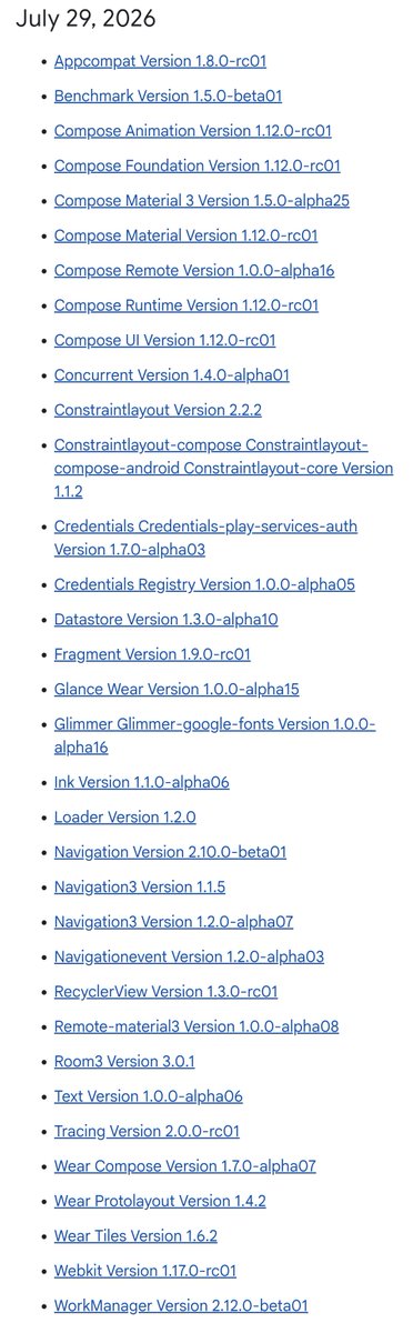 nicolaou_nicos's tweet photo. ๐ AndroidX updates are here!
Jetpack Compose 1.12.0-rc01 (UI, Runtime, Foundation, Material & Animation) is now available alongside AppCompat 1.8.0-rc01, Navigation 2.10.0-beta01 & more.
๐ https://t.co/8S4mPjAlYm
#Android #AndroidDev #AndroidX #JetpackCompose #Kotlin https://t.co/VZxdMNtOxf