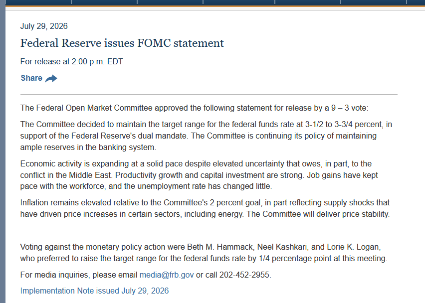 lookner's tweet photo. Fed keeps interest rates the same by a 9-3 vote, the 3 dissenting votes wanted to raise rates https://t.co/MayfUZNqP9