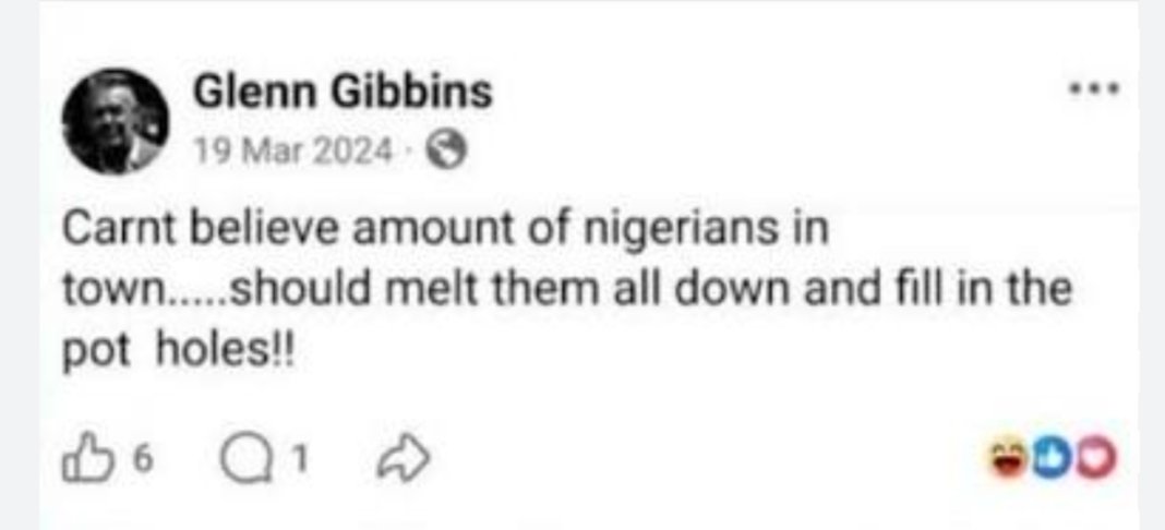 I_amMukhtar's tweet photo. Reform councillor Glenn Gibbins, who said Nigerians should be melted down to fill potholes, has now been officially charged.

Reform reinstated him after carrying out an internal investigation.

He is due to appear at South Tyneside Magistrates' Court on 21st of August. https://t.co/s6vUbEDb71