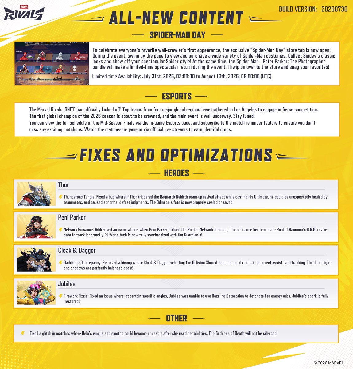 MarvelRivals's tweet photo. The Patch Notes 20260730 are coming soon, packed with all the fresh adjustments and content lined up for the week ahead.

Explore what’s coming to the arena >> https://t.co/O8ez1jzqNT

There will be no server downtime for this update. You can continue to enjoy the game without interruption!