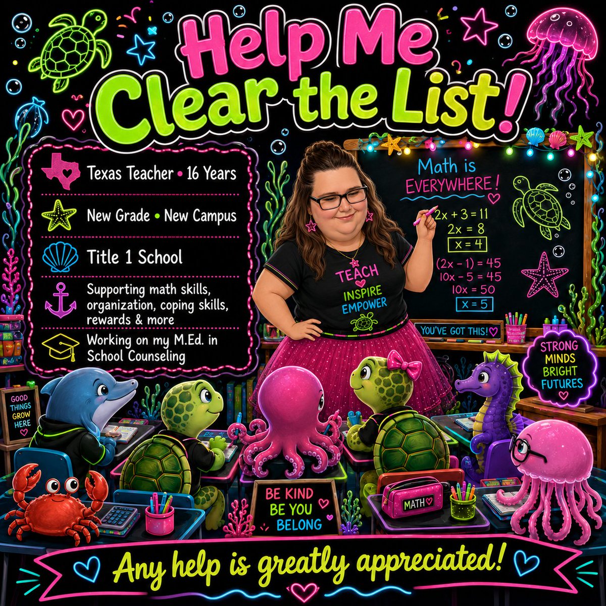 TeachMathShine's tweet photo. 🌊🐢 Help me Clear the List! After 16 years of teaching, I’m starting a new grade at a new Title I campus while earning my M.Ed. in School Counseling. My list supports math, organization, coping skills, hygiene, and rewards. Every share or gift helps! 💜

🛒 https://t.co/jm1cSnzcXX

#ClearTheList #TexasTeacher #Title1Teacher #7thGradeMath #TeacherWishlist