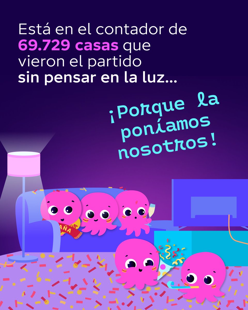 OctopusEnergyES's tweet photo. Durante la final del Mundial la luz la poníamos nosotros. Porque la energía más importante es la que compartes y, un partido así se ve con los tuyos, por eso no queríamos que estuvieseis pendientes del contador ⚡️.

Estas cosas las avisamos por email antes que en ningún otro sitio. Si te lo perdiste y no quieres que vuelva a pasar, apunta:

- Entra a tu área de cliente y ve a "Datos personales"
- Baja hasta la sección "Preferencias de comunicación", y dale a "Actualizar"
- Confirma que sí quieres recibir nuestras comunicaciones, y guarda los cambios.

Y sí, tenemos más locuras preparadas 💜🐙.