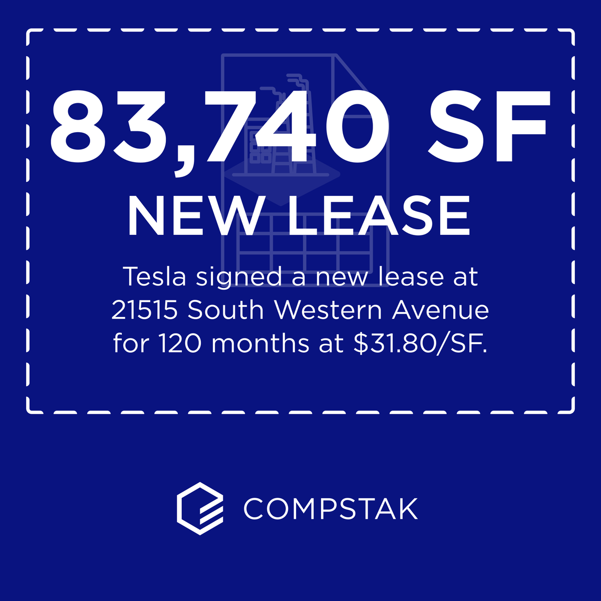 CompStak's tweet photo. @Tesla just signed an 83,740 SF new lease. 🚘

Here's what the comp shows:
- 10-year term. 123.5% above the market average.
- Effective rent came in 146.9% higher than the market average industrial rent.

See more like this at https://t.co/xwPLKJt5Ck #data https://t.co/iVmFljlP9Y
