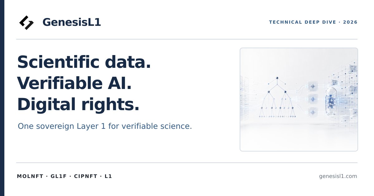 genesis_L1's tweet photo. “The next important blockchain may not begin with a financial product. It may begin with a scientific object.”

AI and biotechnology are advancing rapidly—but scientific trust infrastructure has not kept pace.

Models can be difficult to reproduce. Data provenance is often fragmented. Computational results may depend on hidden environments. Scientific IP remains difficult to verify, license and coordinate digitally.

GenesisL1 is building a live DeSci Layer 1 where these components can become part of one verifiable system:

• Molecular and bioinformatics data represented as persistent digital assets
• Model NFTs that commit trained machine-learning models on-chain
• Deterministic inference that independent parties can replay and verify
• AI agents able to discover data, execute models and coordinate workflows
• Encrypted scientific IP with programmable access and licensing
• The native L1 coin supporting gas, staking, governance, scientific state and application settlement
• Community-governed infrastructure for long-term scientific public goods
The goal is not simply to put scientific files on a blockchain.
It is to create an environment where scientific data, models, execution records and digital rights can remain connected—and where claims produced by AI can be traced back to inspectable inputs, committed models and reproducible computation.
This matters as AI becomes increasingly involved in molecular research, bioinformatics, drug discovery, protein science and other high-value scientific workflows.
The next generation of AI infrastructure should not only generate answers. It should make important results easier to verify.

Our new technical deep dive examines the GenesisL1 architecture, Model NFTs, deterministic on-chain machine learning, AI agents, encrypted scientific IP, L1 coin utility and community governance.
Read the original article on GenesisL1:
https://t.co/RjWVF9tHvL

Also published on Medium:
https://t.co/wLbFKQp5Bt

For researchers, developers and communities working across AI, biotech, bioinformatics, Web3 and decentralized science—the verifiable scientific economy is beginning to take shape.

#AIforScience #DeSci