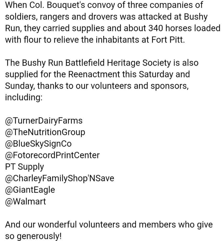 BushyRun1763's tweet photo. A huge #ThankYou to our sponsors and the many volunteers who help make this upcoming #weekend happen!! @PHMC @laurelhighlands @PA_Museums https://t.co/bJ3AX1mKHp