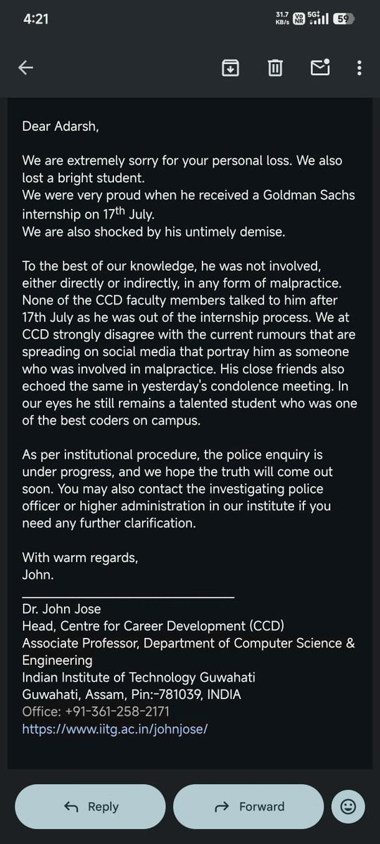 Darshil_decodes's tweet photo. @vansh22b But Dr John Jose (Head, CCD)'s mail says a different story. Therefore, it is imperative that we refrain from making allegations or engaging in any statement that could amount to an unwarranted assassination of a dead individual's character. Someone is D!ed bro. https://t.co/atZCvip7De