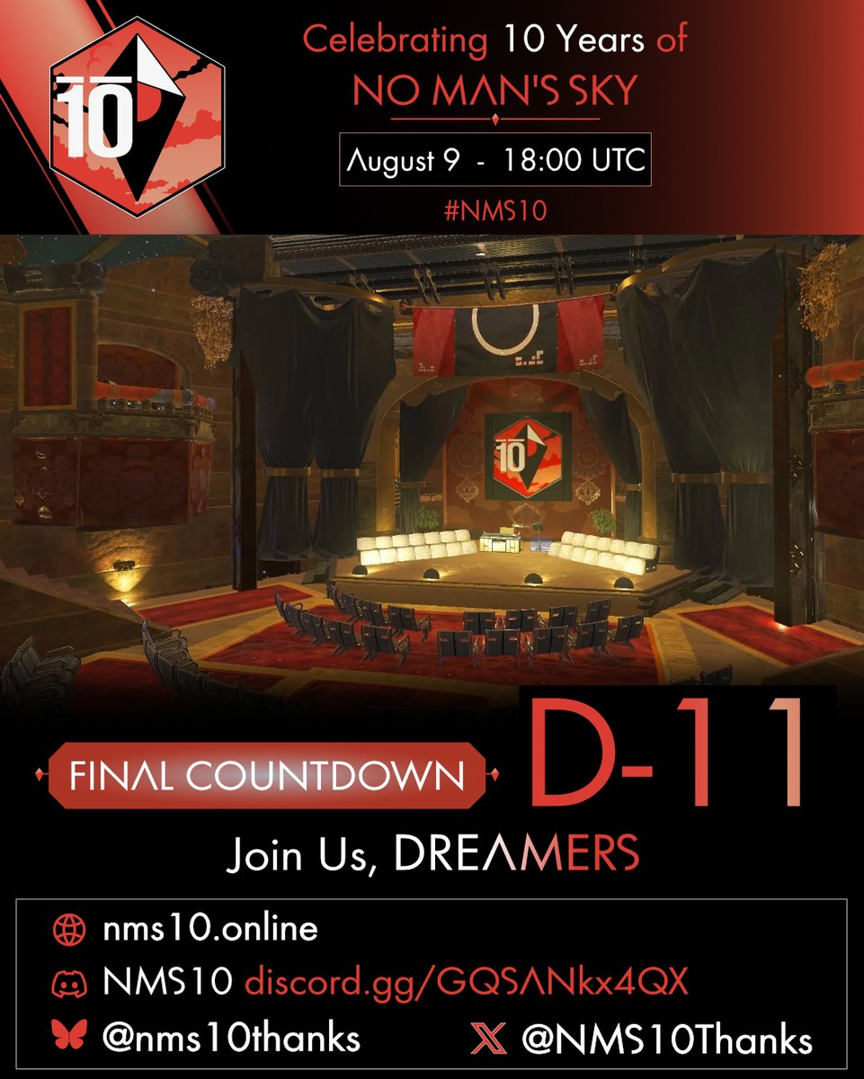 NMS10Thanks's tweet photo. 10 Years. D-11.
Still dreaming.

To celebrate 10 years, a special Thanks Hello Games live podcast is bringing together guests from across the NMS community.

9 August.
On the POD MAN SKY channel.
"Everything Is Better Together."
Join the Fun! Explore Conversation!

#NMS10 #NoMansSky #HelloGames