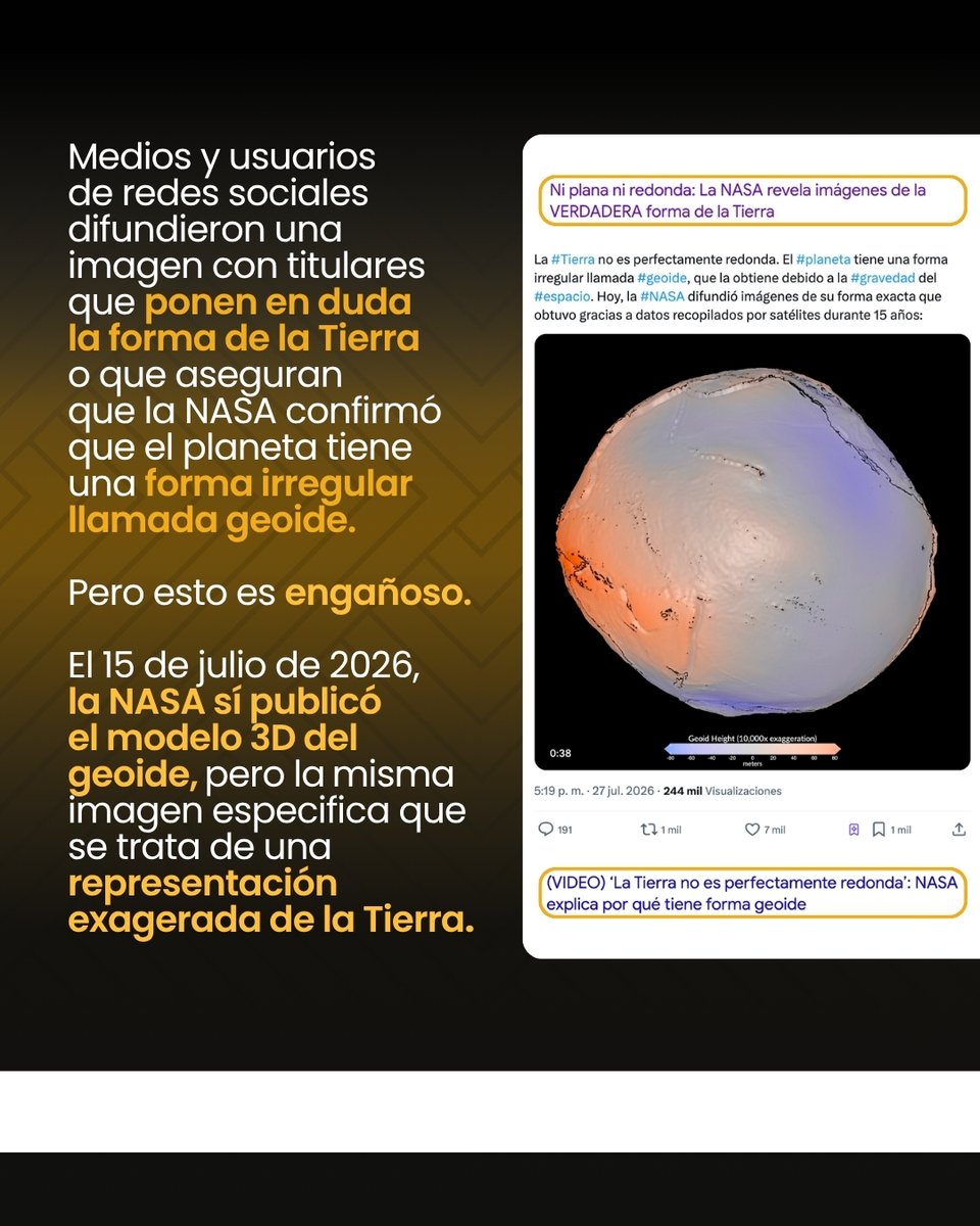 verificado_mx's tweet photo. Publicaciones aseguran que la #NASA reveló que "la #Tierra no es redonda". 🌏❌
Pero las imágenes virales son del #geoide, un modelo del campo gravitatorio, no la "verdadera forma" del planeta que la NASA aún describe como una esfera imperfecta. 🌎 ✅ https://t.co/jK1aFiKjRo