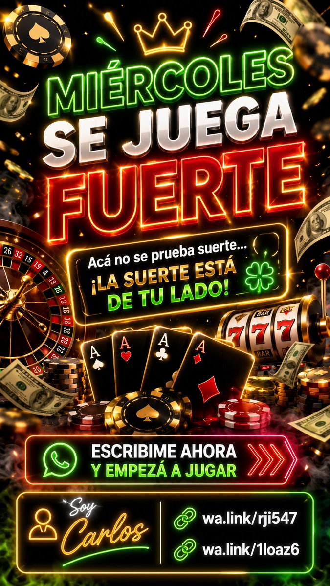 TuranzasCarlos's tweet photo. MIÉRCOLES SE JUEGA FUERTE 
Acá no se prueba suerte. La suerte está de tu lado 
Hoy puede ser el día de esa gran jugada.Viví la emoción,disfrutá cada partida y buscá ese premio que estás esperando.
Escribime ahora y empezá a jugar.
 https://t.co/eRUbzfexK9  https://t.co/noVFxvHMnJ https://t.co/GhXKvu8qHE