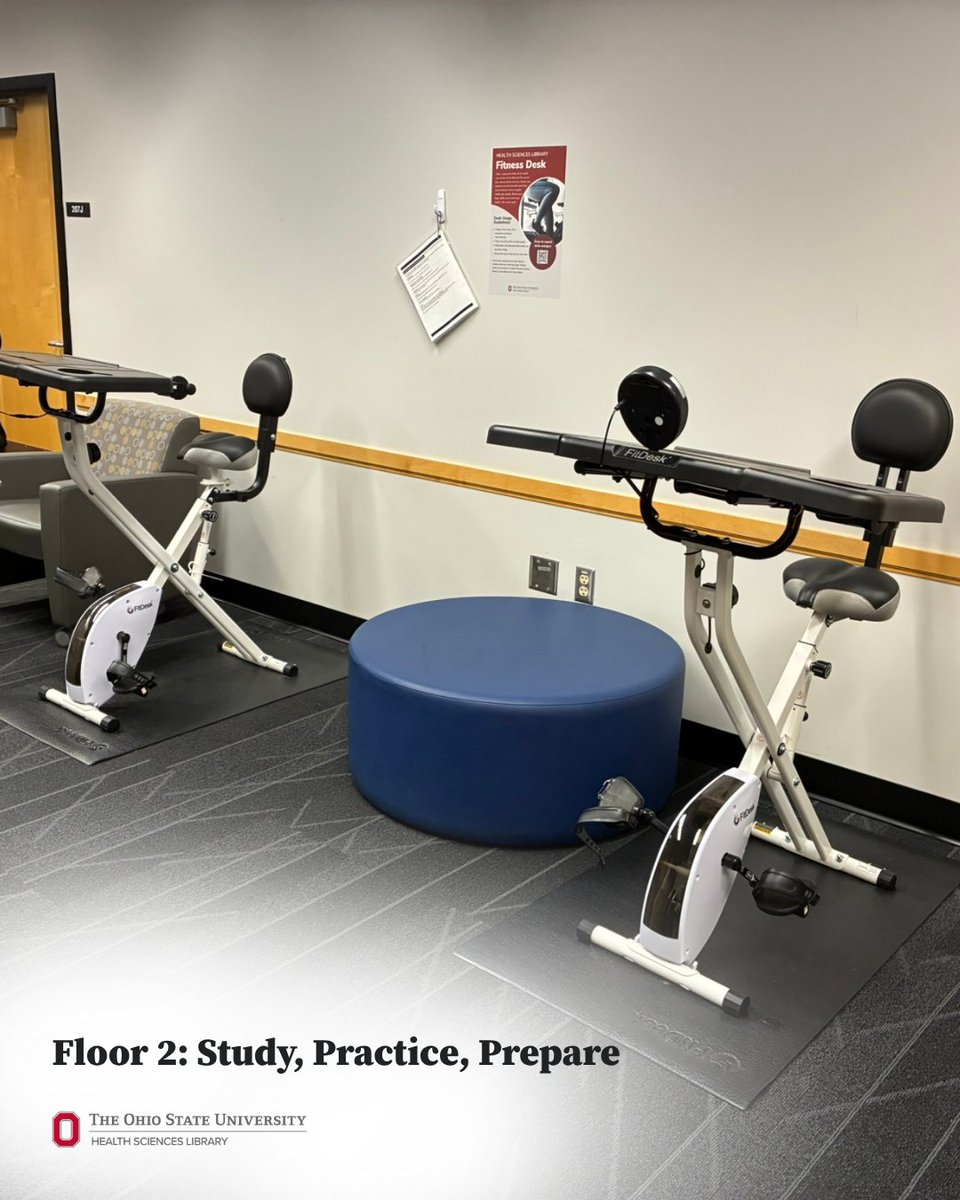 OSUhsl's tweet photo. Did you know? Floor 2 is more than a staff floor — it's a place to study, practice and prepare.

🚲 Exercise Desks
📚 Study spaces
🩺 OT/PT Practice Room
💼 Interview Room 214

New to the Health Sciences Library? Start exploring at https://t.co/1YmPNNeZhb

#OSUHSL #OSUWexMed #DYK https://t.co/UL9ew1fsGS