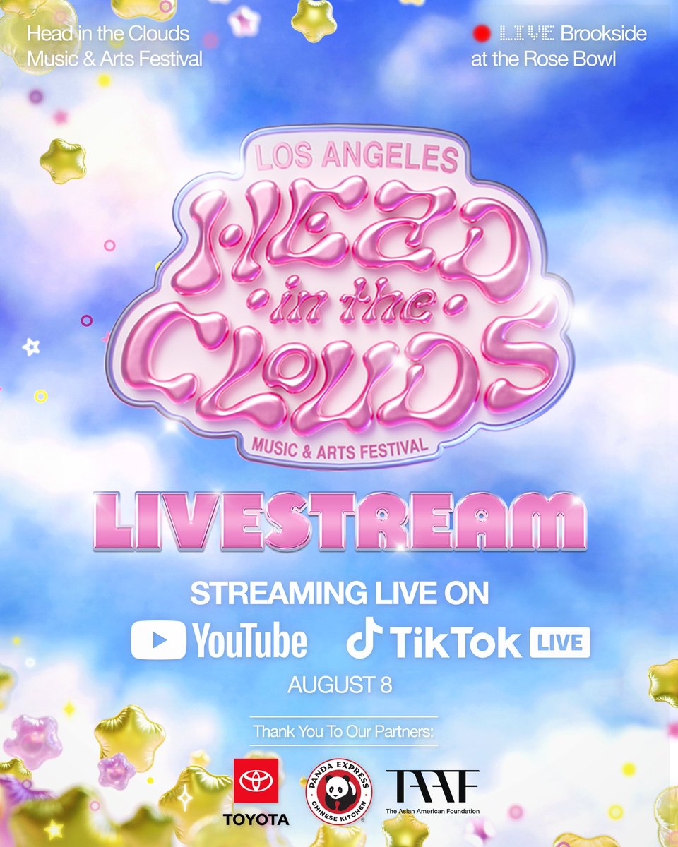 hitcfestival's tweet photo. The HITC LA livestream is back!  📺 ☁️ Tune in during the festival on 8.8 through 88Rising's YouTube channel or TikTok Live on 88Rising, Head In The Clouds, and TikTok Live US accounts.

Set times coming soon! 

thank you to @tiktoklive_us @toyotausa @pandaexpress  @taaforg https://t.co/xPx8w5tiWD