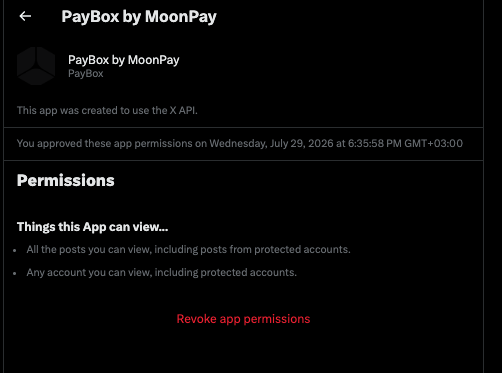 CrypSaf's tweet photo. Paybox Revoke Checklist 📄

1. Remove PayBox from Claude
- Open Claude → Customize → Connectors
- Find the PayBox custom connector
- Click Disconnect, Remove, or the three dots → Remove

2. Remove PayBox from ChatGPT
- Open the ChatGPT account you used
- Go to Settings → Apps/Plugins
- Find PayBox → Disconnect/Delete
- Remove the custom PayBox plugin/MCP server if you added it manually

3. Revoke Google access
- Go to: https://t.co/o9sdkAGTxa
- The name of the linked app: MoonX

4. Revoke X 
- Settings and privacy → Security and account access → Apps and sessions → Connected apps

5. Delete the PayBox passkey
- Go to https://t.co/hVj03sVQOQ
- Click on Remove

6. Delete the PayBox passkey
Search for paybox, https://t.co/aDHX9MsHBJ, https://t.co/GpxO4B4bD8, and https://t.co/9vksqI8CDh in:
- Apple Passwords on Mac/iPhone
- Chrome: chrome://password-manager/passkeys
- Google Password Manager: https://t.co/Rt1uF0v953

(Nothing is free; your data is the product)