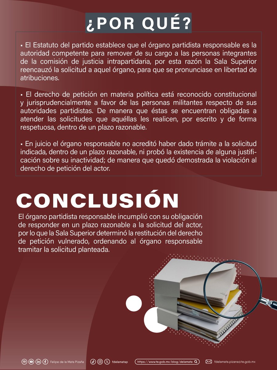 fdelamatap's tweet photo. ¿La omisión de un órgano partidista de dar trámite a la solicitud de un militante vulnera su derecho de petición?

En el juicio ciudadano 359/2026, la Sala Superior analizó la impugnación de un militante, luego de que el órgano de justicia de su partido no diera trámite a una solicitud reencauzada por la Sala Guadalajara.

Se determinó que sí existió la omisión, al no haberse acreditado actuación alguna dentro de un plazo razonable.

Conoce el caso completo aquí. 👇🏼