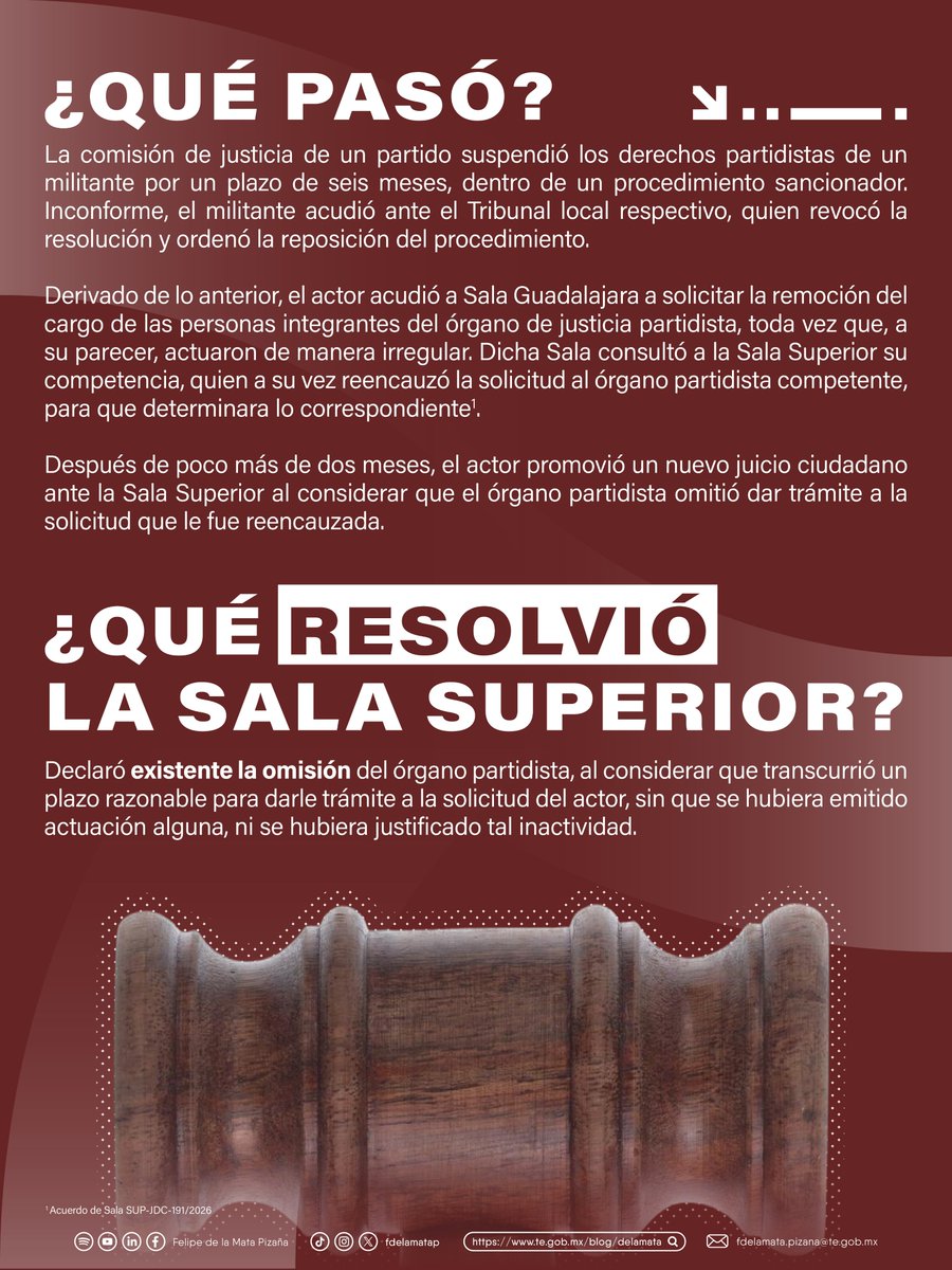 fdelamatap's tweet photo. ¿La omisión de un órgano partidista de dar trámite a la solicitud de un militante vulnera su derecho de petición?

En el juicio ciudadano 359/2026, la Sala Superior analizó la impugnación de un militante, luego de que el órgano de justicia de su partido no diera trámite a una solicitud reencauzada por la Sala Guadalajara.

Se determinó que sí existió la omisión, al no haberse acreditado actuación alguna dentro de un plazo razonable.

Conoce el caso completo aquí. 👇🏼