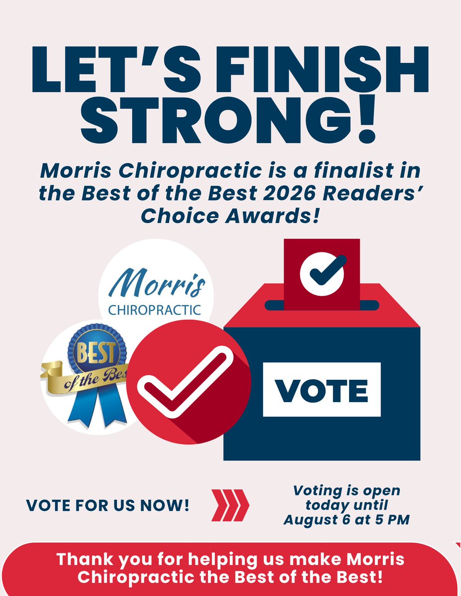 MorrisWellness1's tweet photo. WE'RE SO CLOSE! 🥳
Thanks to YOU, Morris Chiropractic is officially a Best of the Best 2026 Finalist!  

Cast your vote here: https://t.co/kDiCeUbNgm 
Voting closes August 5 at 5:00 PM, so don't wait!  

Every vote matters. Every share helps! ✨ https://t.co/w9Oy5J58FC